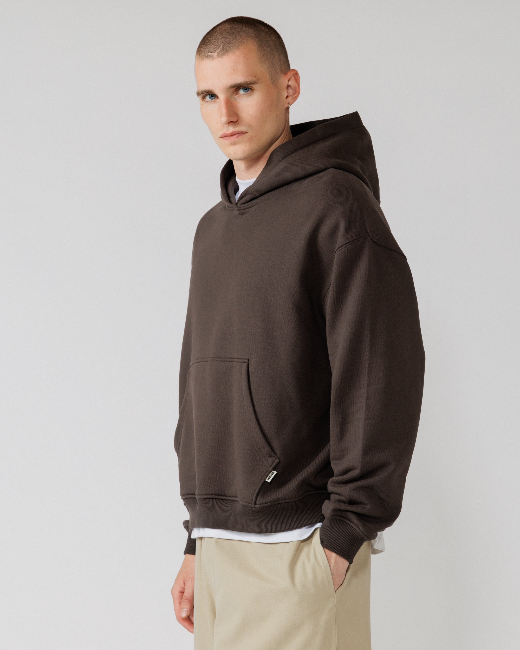 520 Organic Hoody - Chocolate Brown — men's 3/4 angle drape