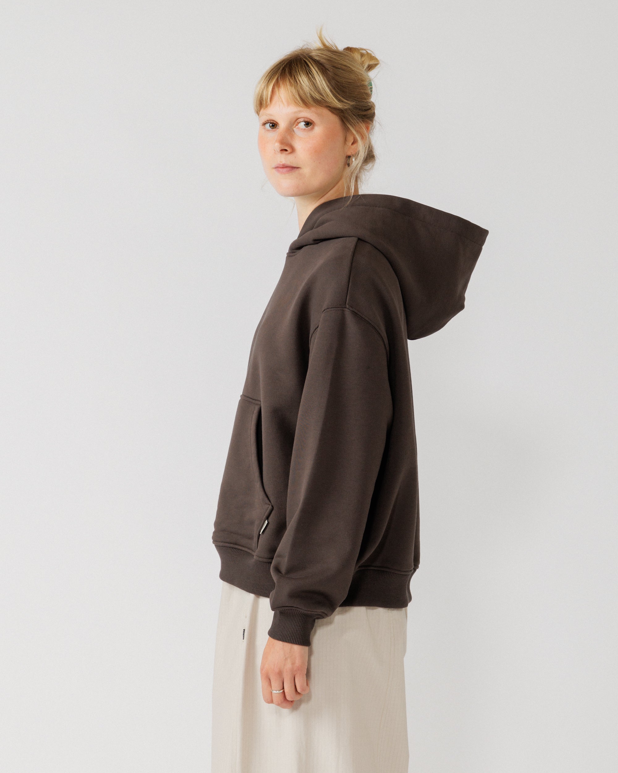 520 Organic Hoody - Chocolate Brown — women's side, sleeve drape