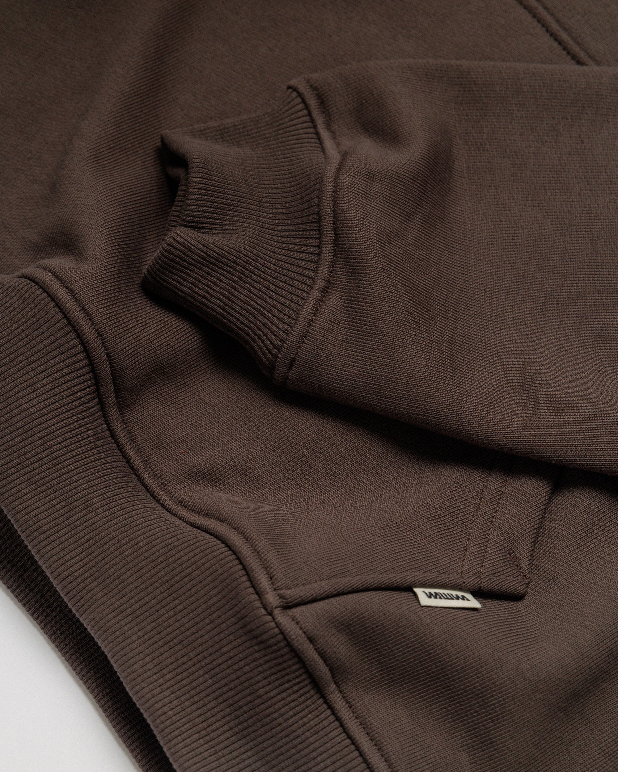 520 Organic Hoody - Chocolate Brown — flat detail cuff fabric label