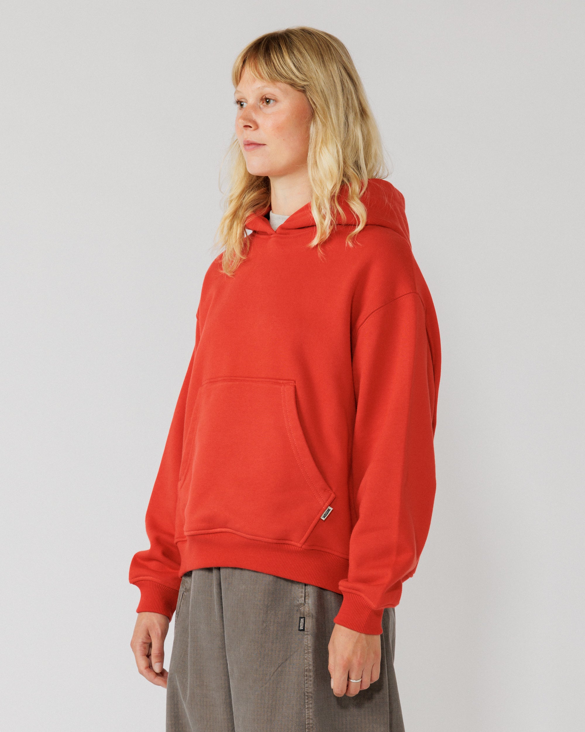 520 Organic Hoody - Signal Red — women's 3/4 angle drape