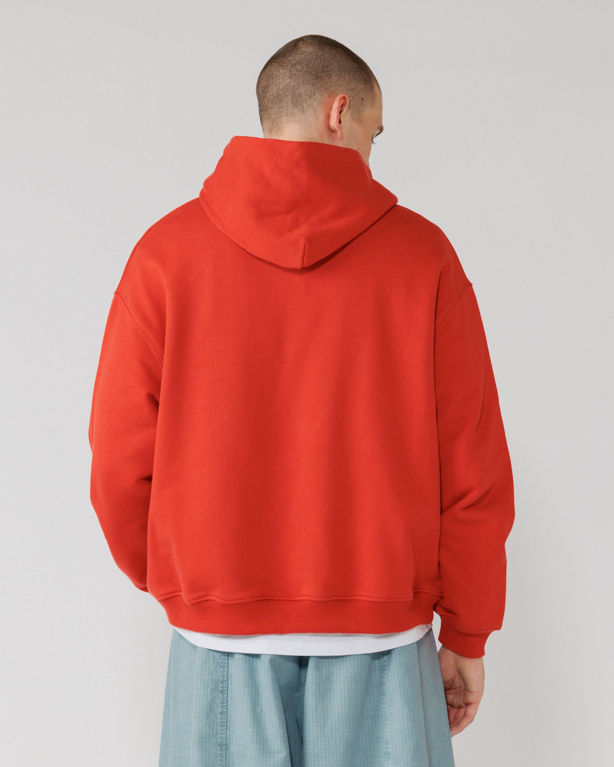 520 Organic Hoody - Signal Red — back view, hood seam detail