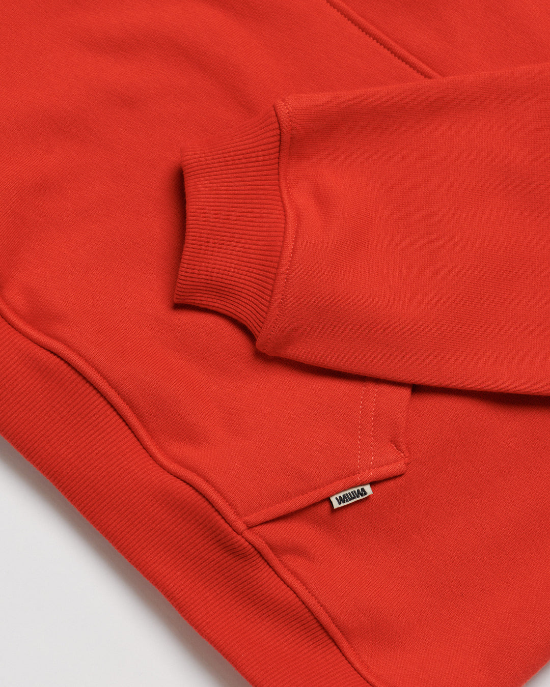 520 Organic Hoody - Signal Red — flat detail cuff fabric label
