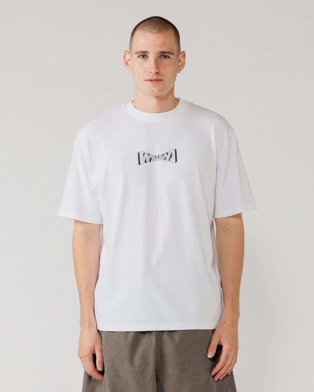 Brick Logo T-Shirt - White — front crop, direct gaze, legible graphic