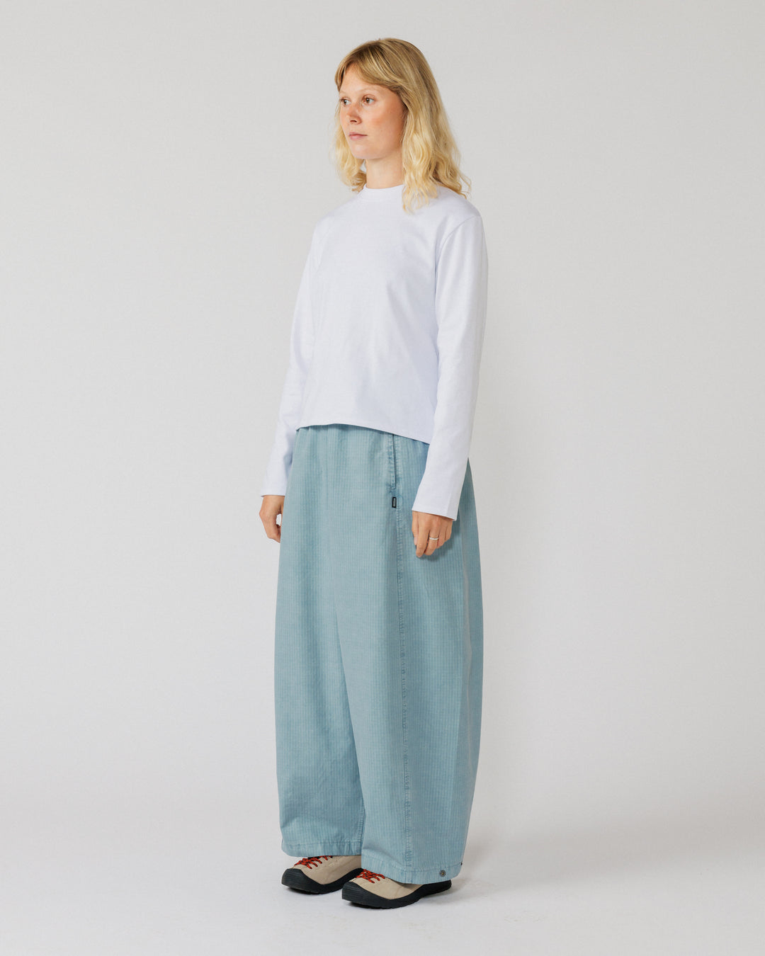 Garment Dyed Atlas Pants - Powder Blue — women's 3/4 drape