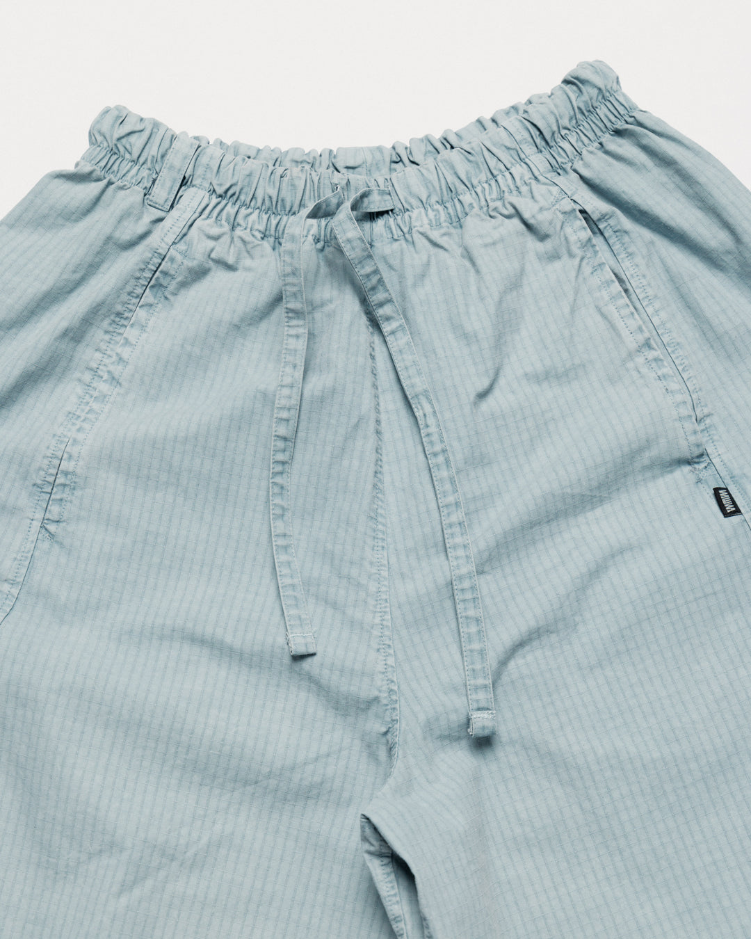 Garment Dyed Atlas Pants - Powder Blue — flat waistband drawstring detail