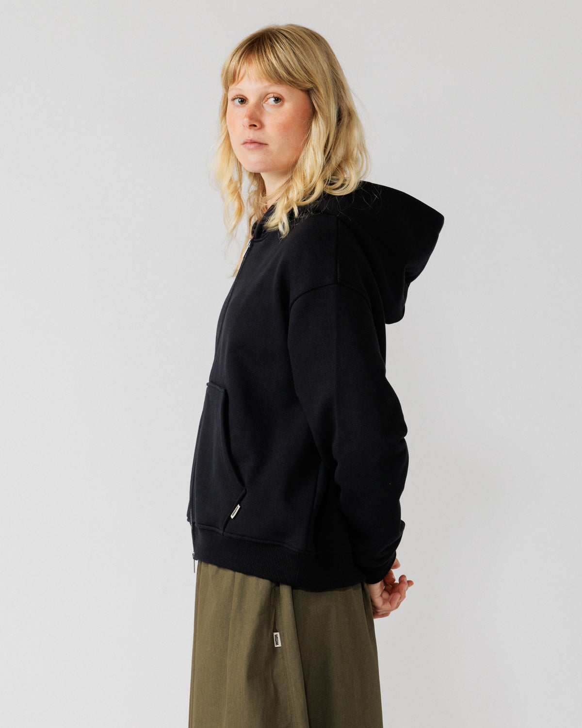 Heavyweight Two-Way Zip Hoody - Black — Back/hood drape over shoulder