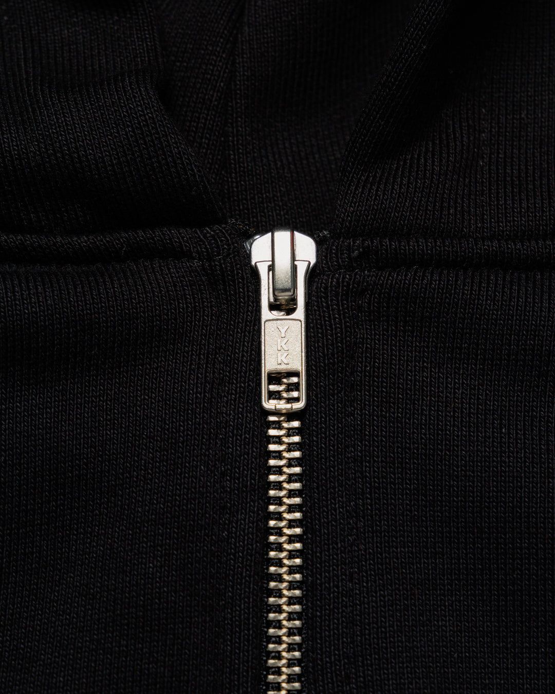 Heavyweight Two-Way Zip Hoody - Black — YKK zip hardware close-up