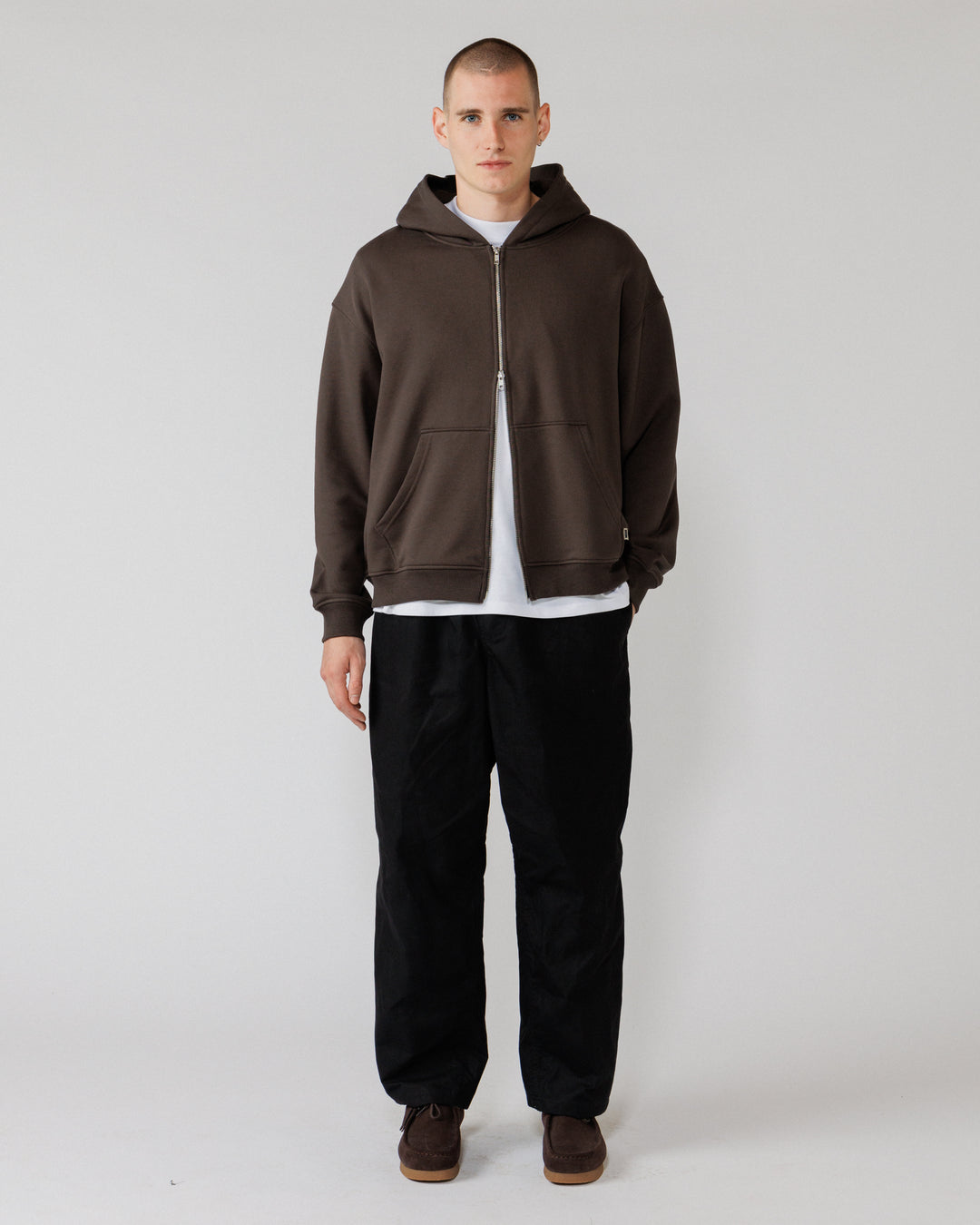Heavyweight Two-Way Zip Hoody - Chocolate Brown — Hero: male full-body front, direct