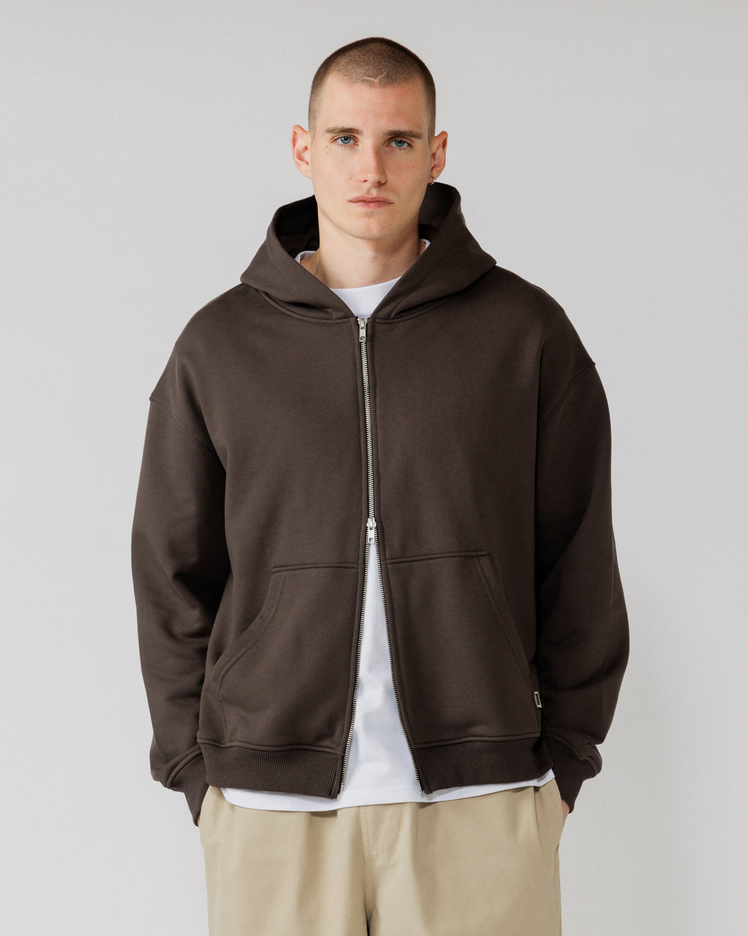 Heavyweight Two-Way Zip Hoody - Chocolate Brown — Male front crop, direct gaze