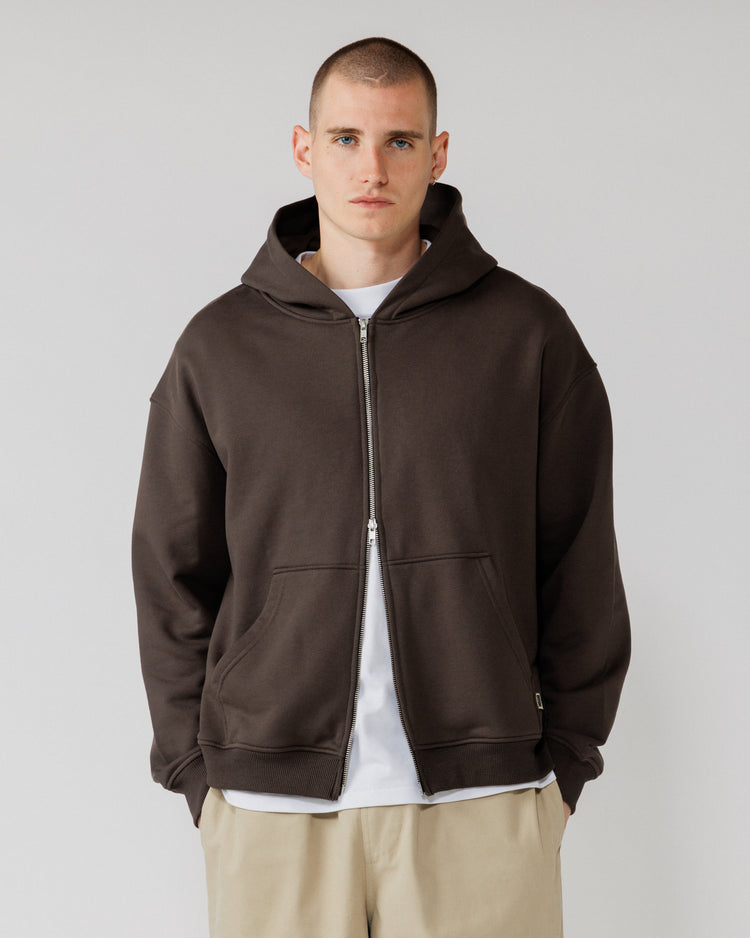 Heavyweight Two-Way Zip Hoody - Chocolate Brown — Male front crop, direct gaze