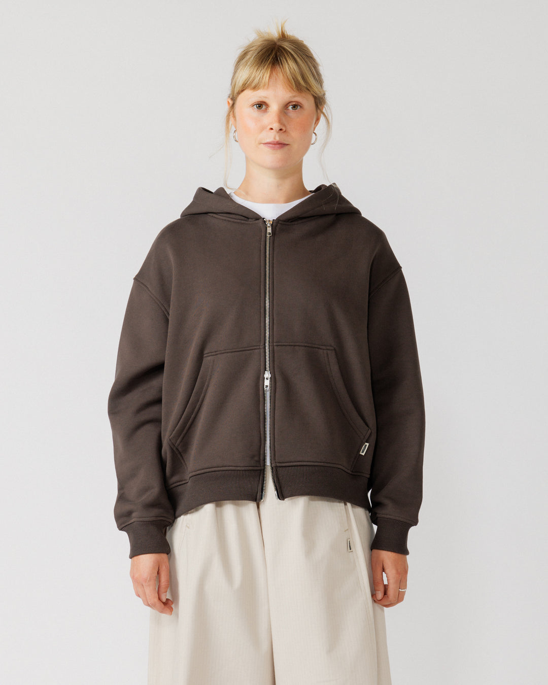 Heavyweight Two-Way Zip Hoody - Chocolate Brown — Female front crop, direct gaze