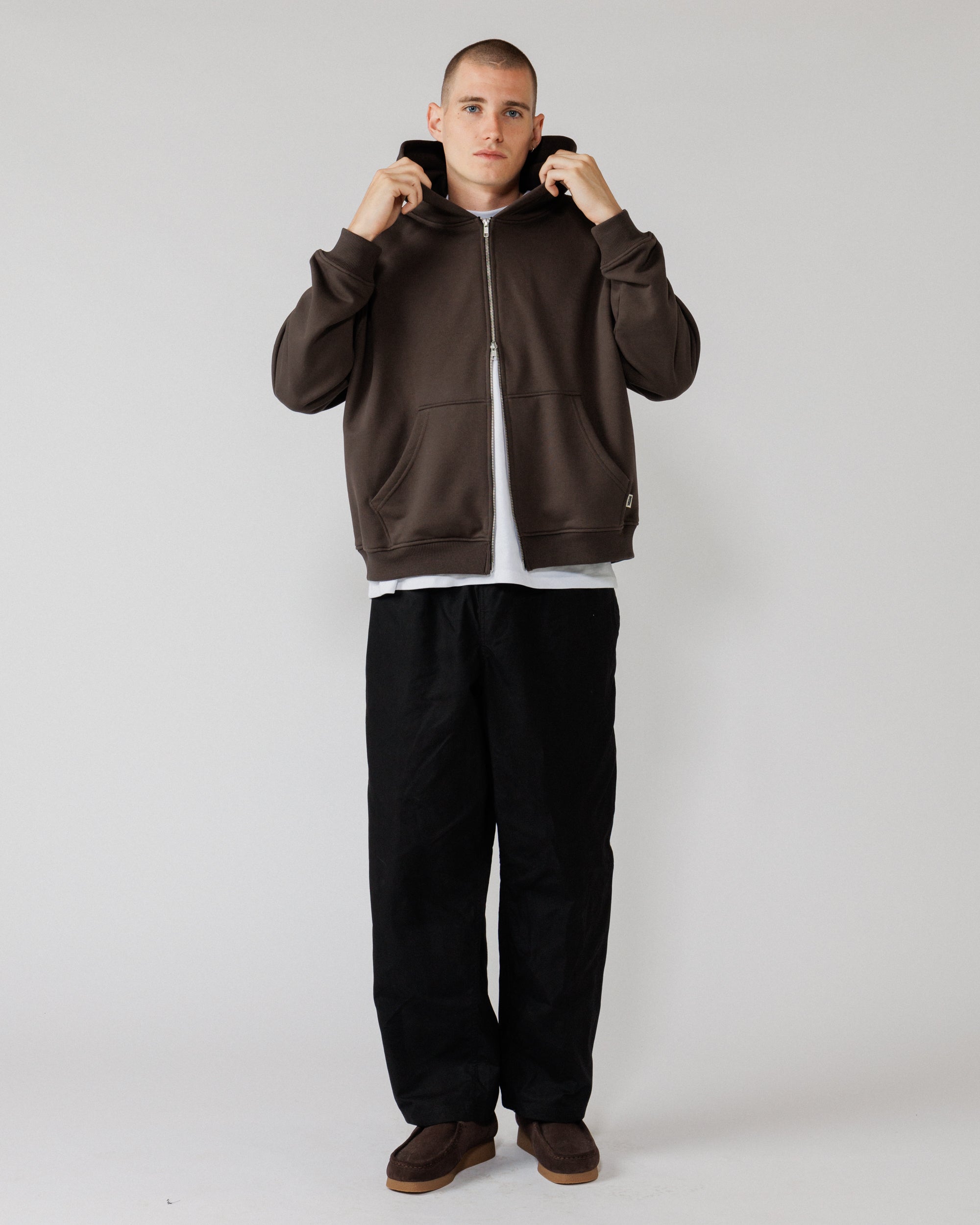 Heavyweight Two-Way Zip Hoody - Chocolate Brown — Hood-up styling action shot
