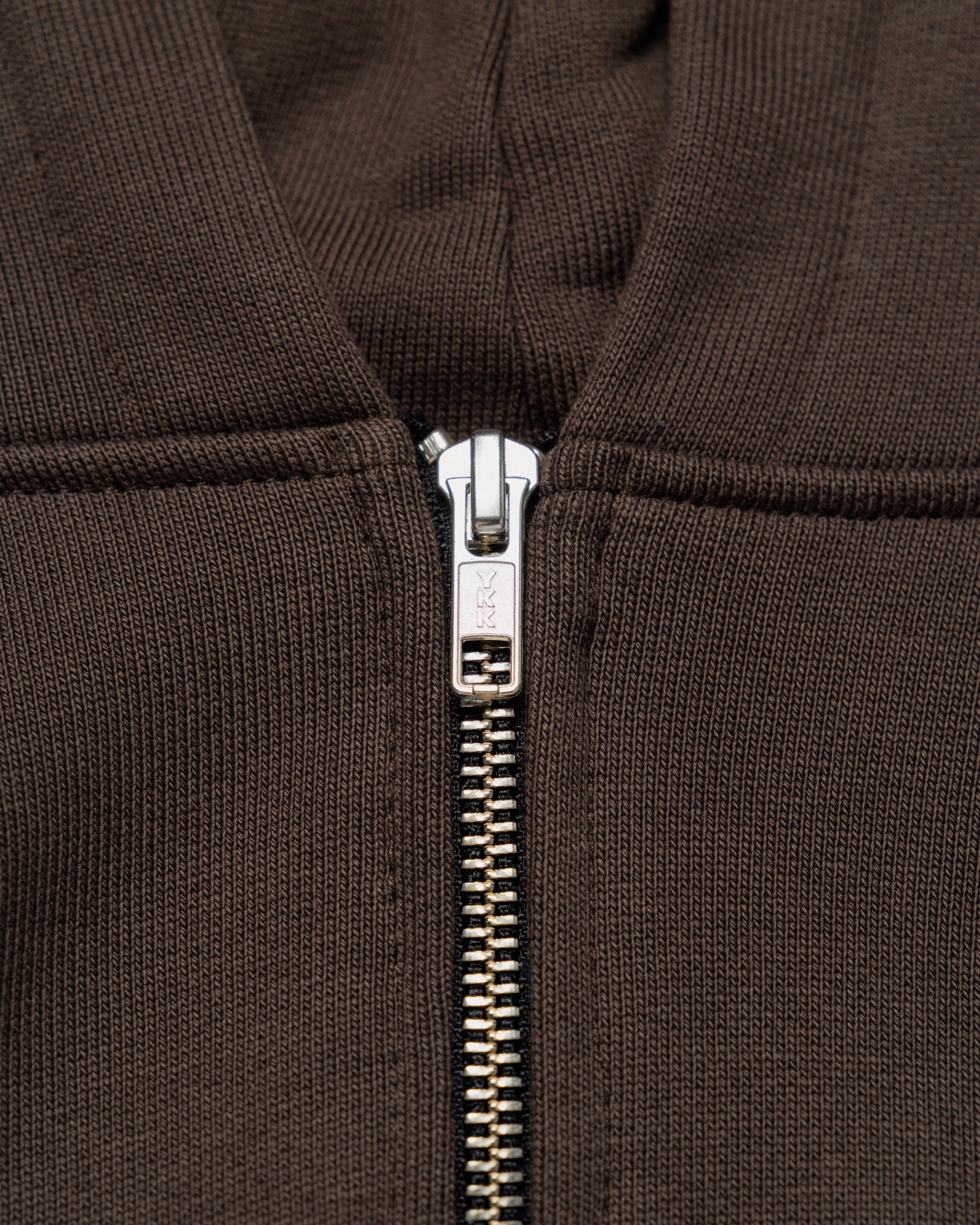 Heavyweight Two-Way Zip Hoody - Chocolate Brown — YKK zip hardware close-up