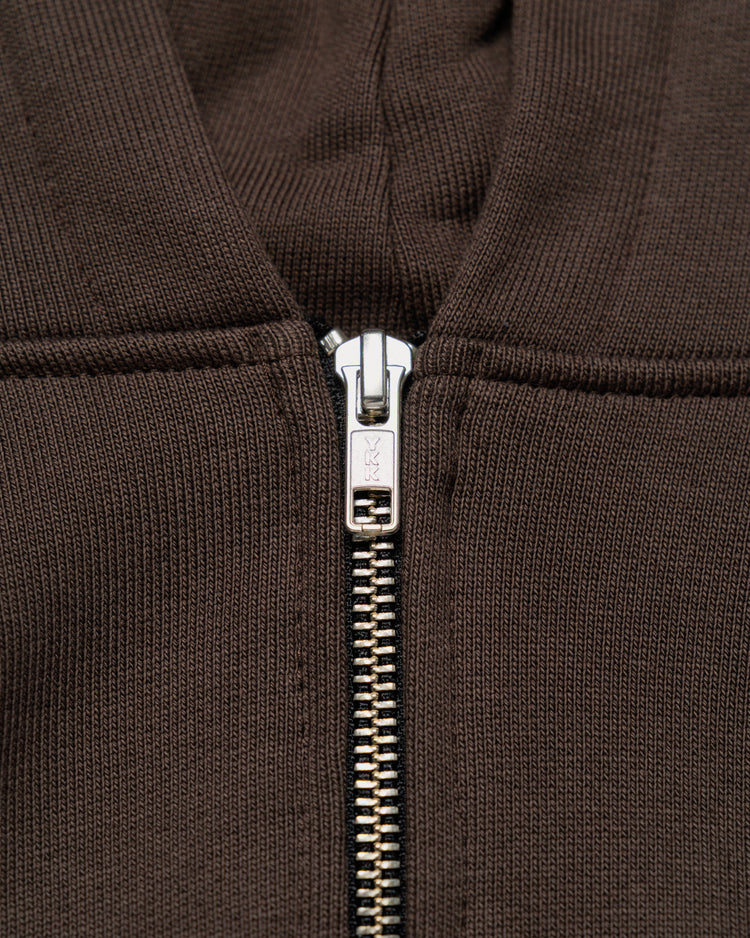 Heavyweight Two-Way Zip Hoody - Chocolate Brown — YKK zip hardware close-up