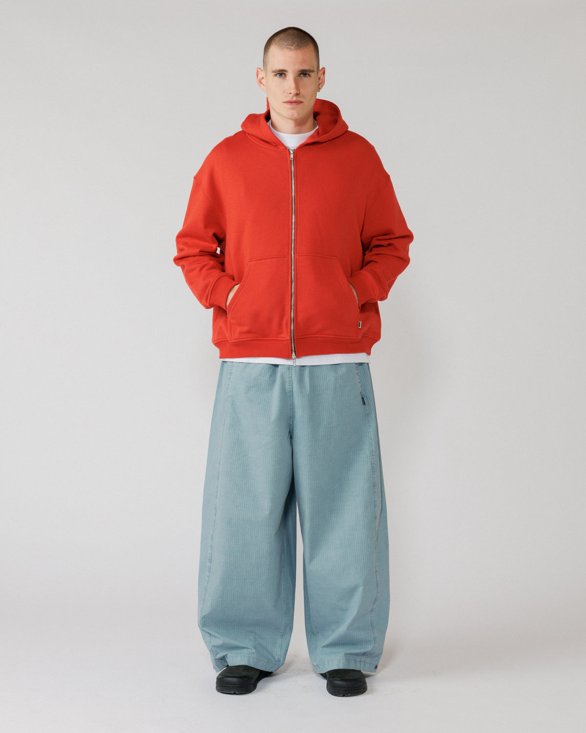 Heavyweight Two-Way Zip Hoody - Signal Red — Hero: male full-body front, direct