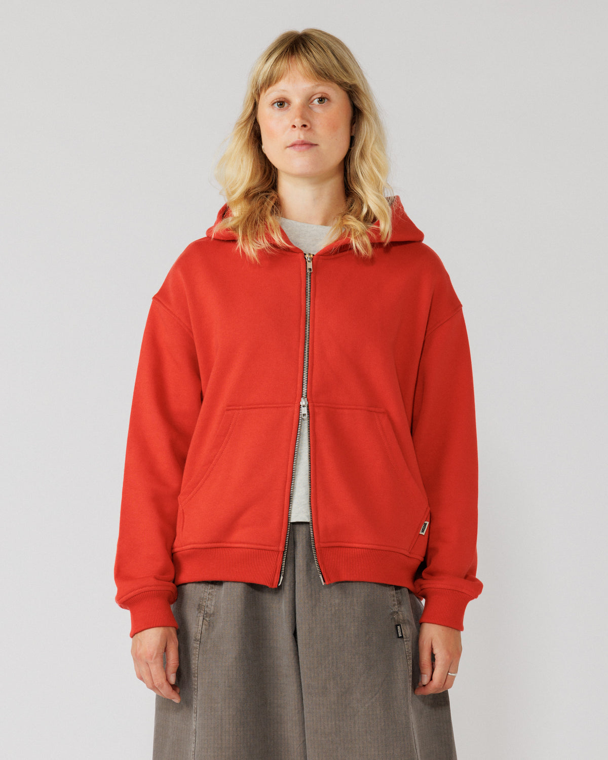 Heavyweight Two-Way Zip Hoody - Signal Red — Female front crop, direct gaze