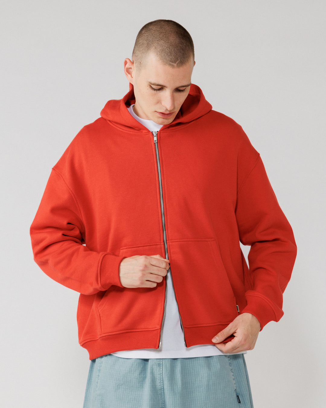 Heavyweight Two-Way Zip Hoody - Signal Red — Two-way zip action crop
