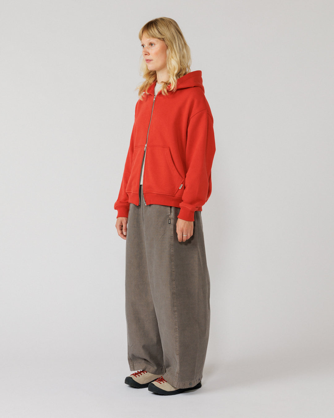 Heavyweight Two-Way Zip Hoody - Signal Red — Female full-body, fit context