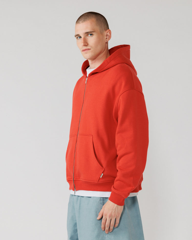 Heavyweight Two-Way Zip Hoody - Signal Red — Male side angle, direct gaze