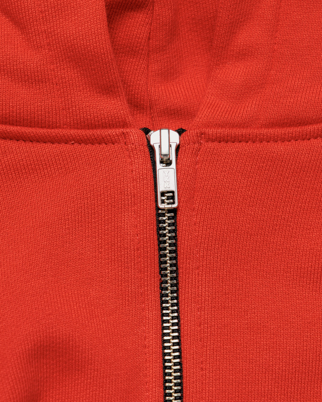 Heavyweight Two-Way Zip Hoody - Signal Red — YKK zip hardware close-up
