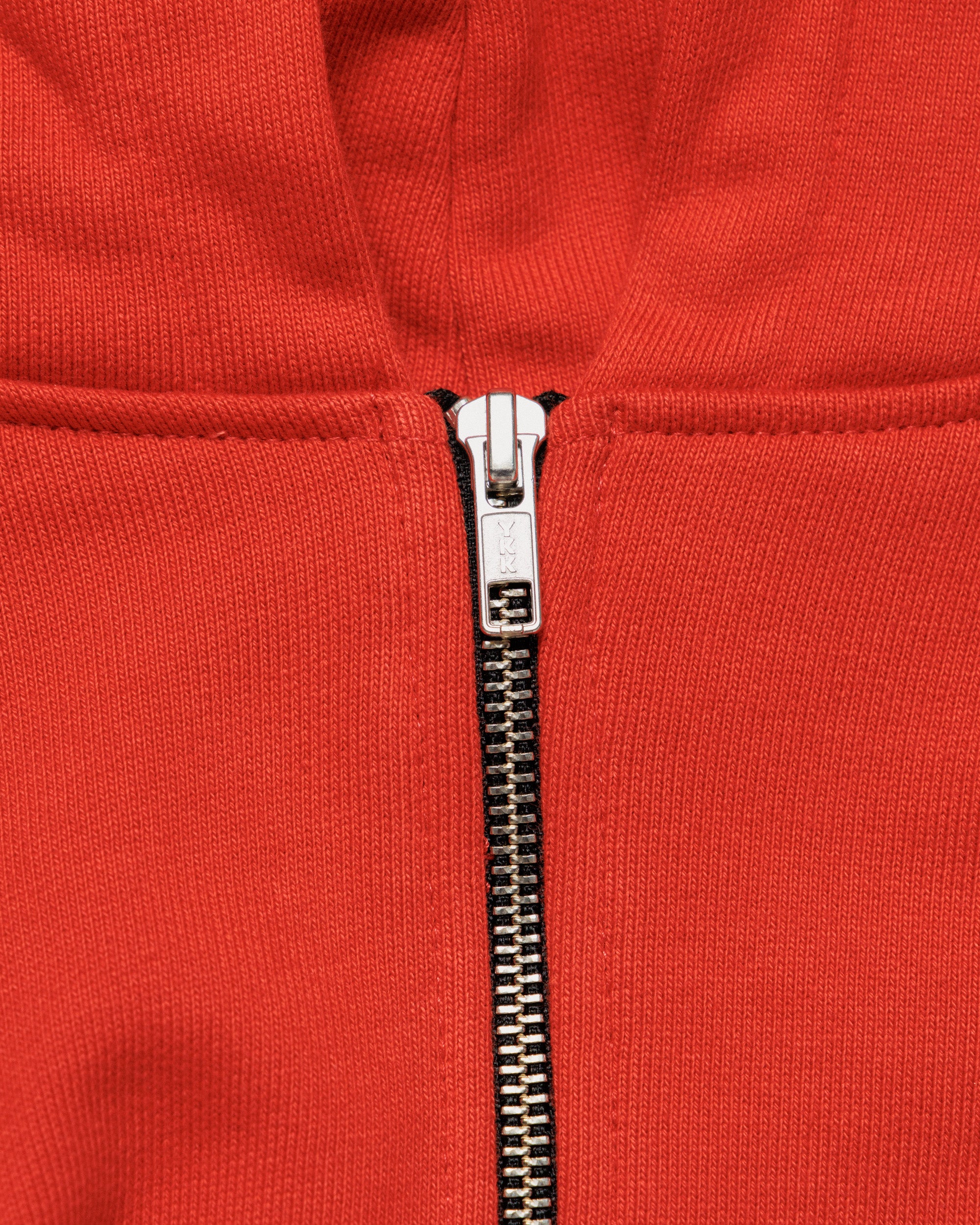 Heavyweight Two-Way Zip Hoody - Signal Red — YKK zip hardware close-up