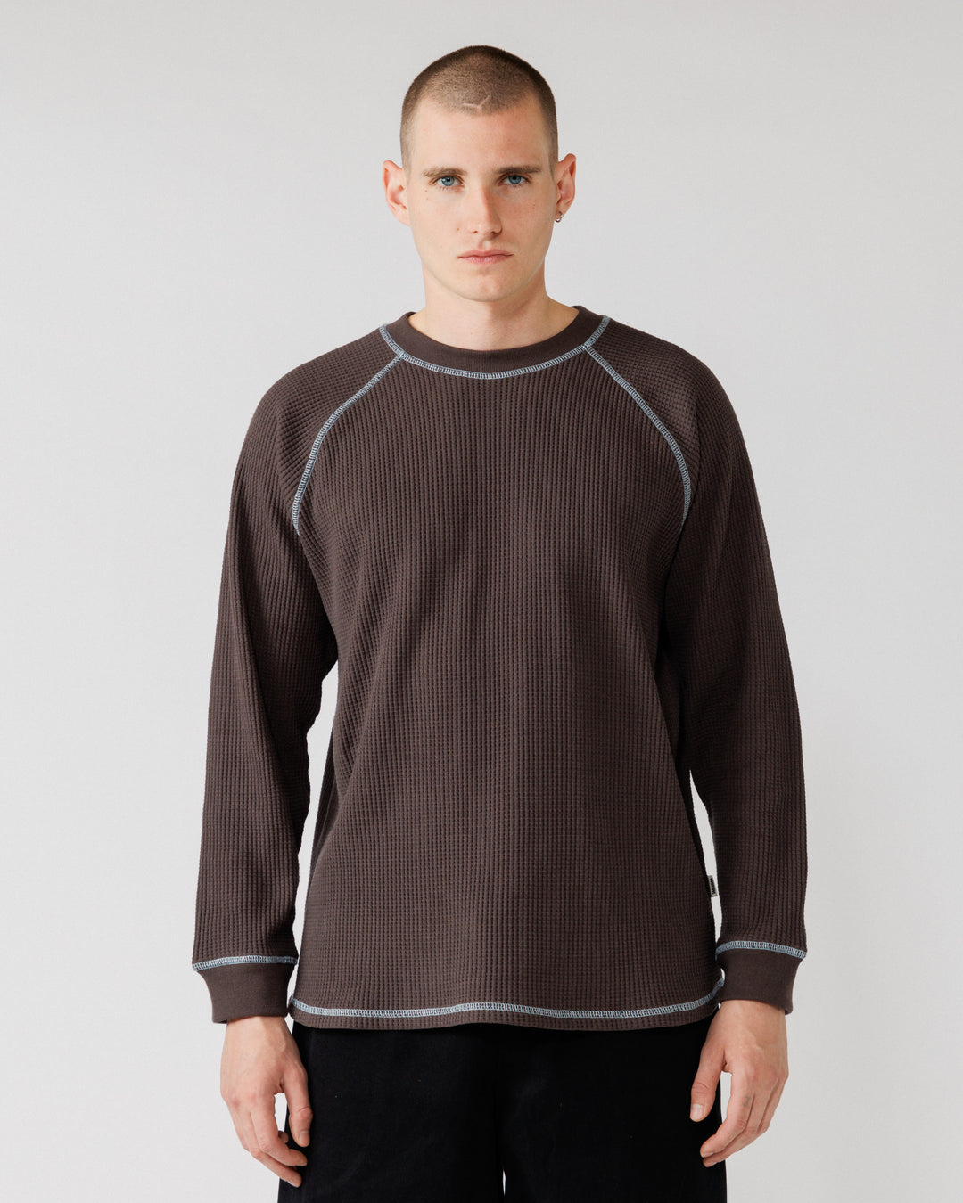 Raglan Range Waffle Knit - Chocolate Brown w Powder Blue Contrast — hero front, knit fills frame