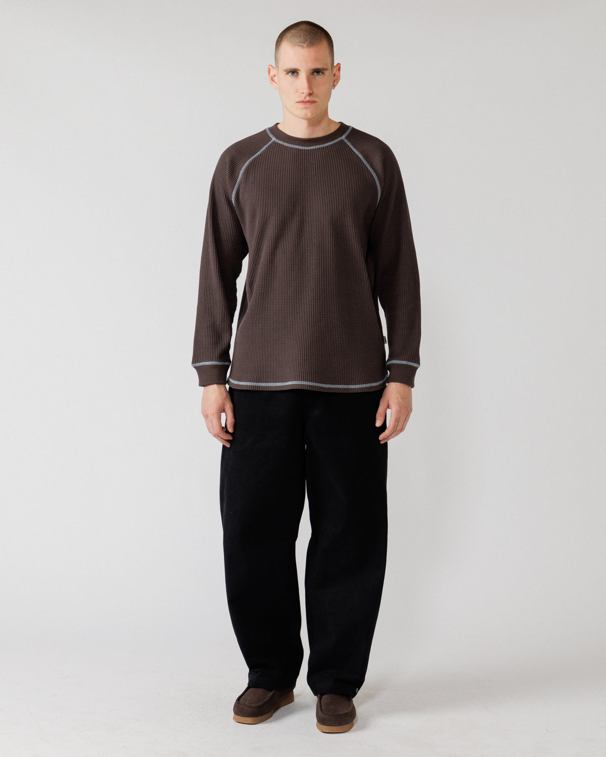 Raglan Range Waffle Knit - Chocolate Brown w Powder Blue Contrast — full-body front, fit context