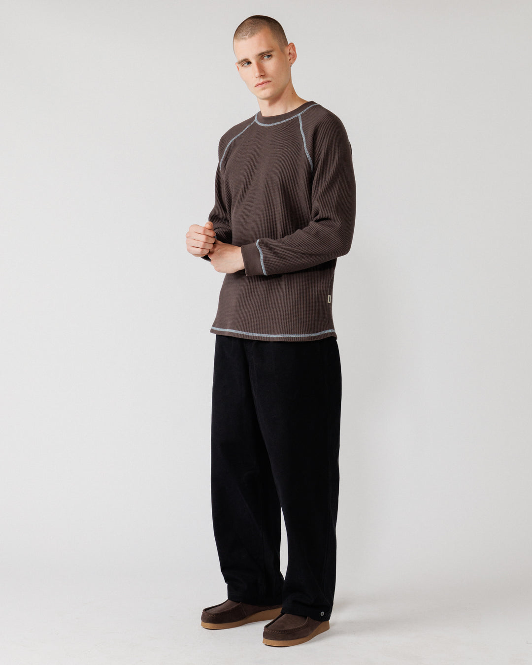 Raglan Range Waffle Knit - Chocolate Brown w Powder Blue Contrast — side profile, sleeve shape