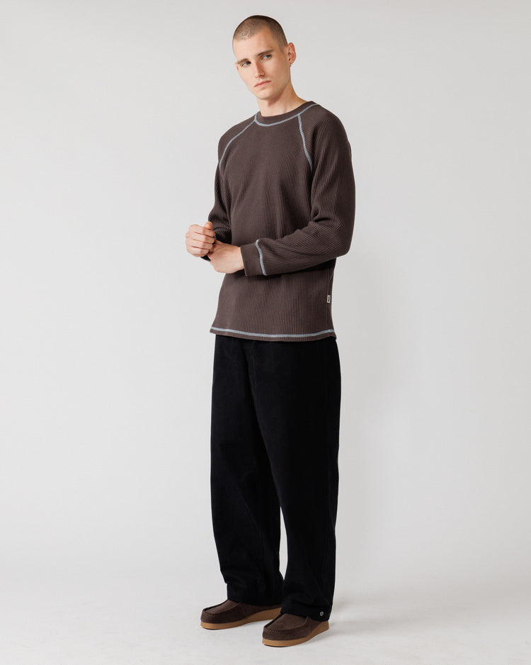 Raglan Range Waffle Knit - Chocolate Brown w Powder Blue Contrast — side profile, sleeve shape