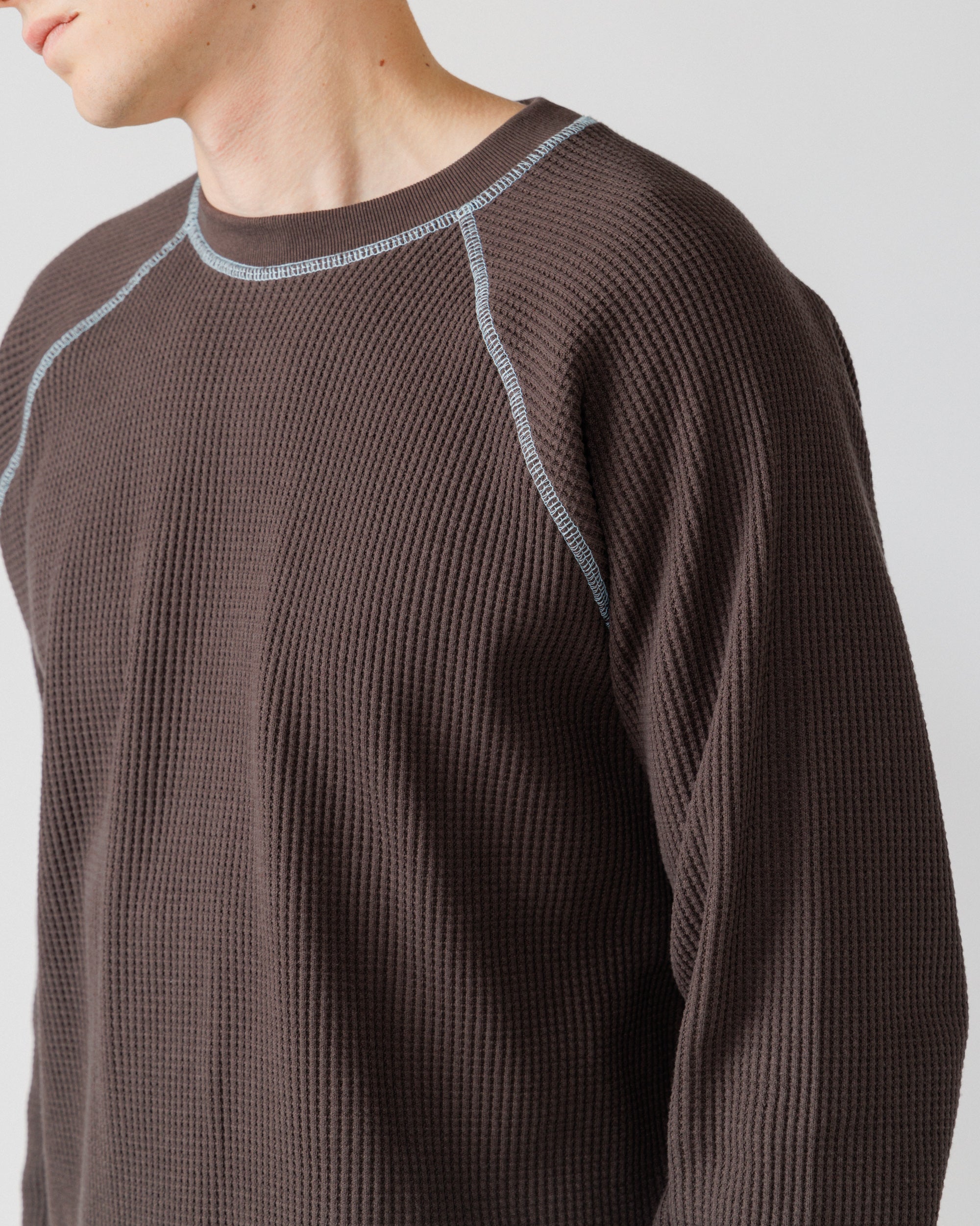 Raglan Range Waffle Knit - Chocolate Brown w Powder Blue Contrast — neckline raglan contrast stitch