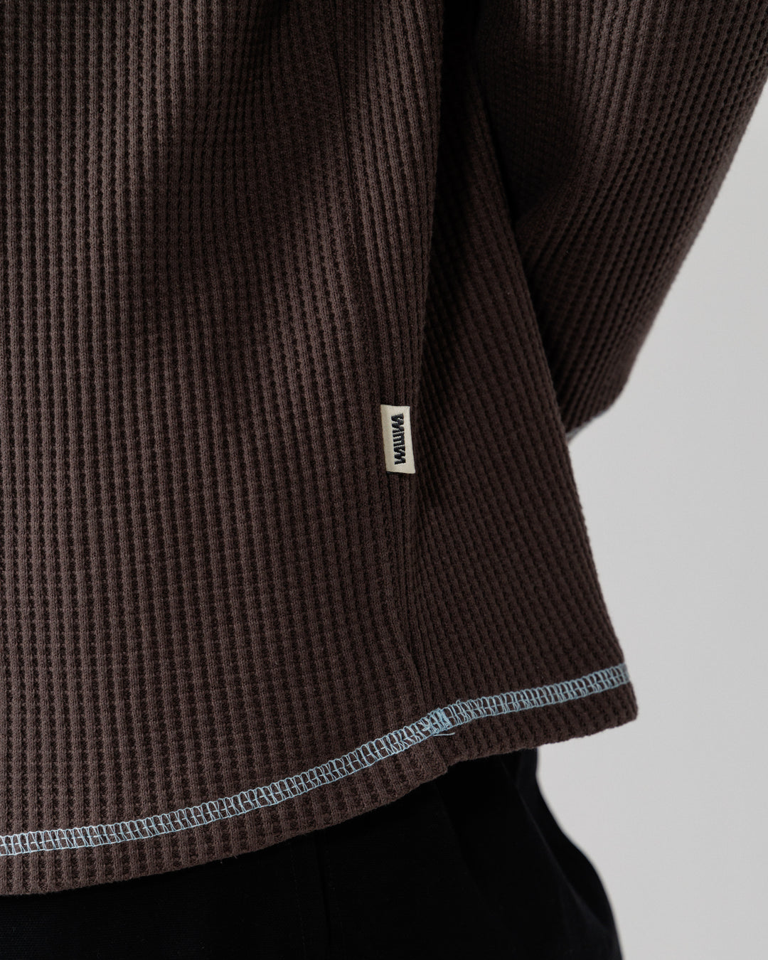 Raglan Range Waffle Knit - Chocolate Brown w Powder Blue Contrast — hem, cuff and label detail