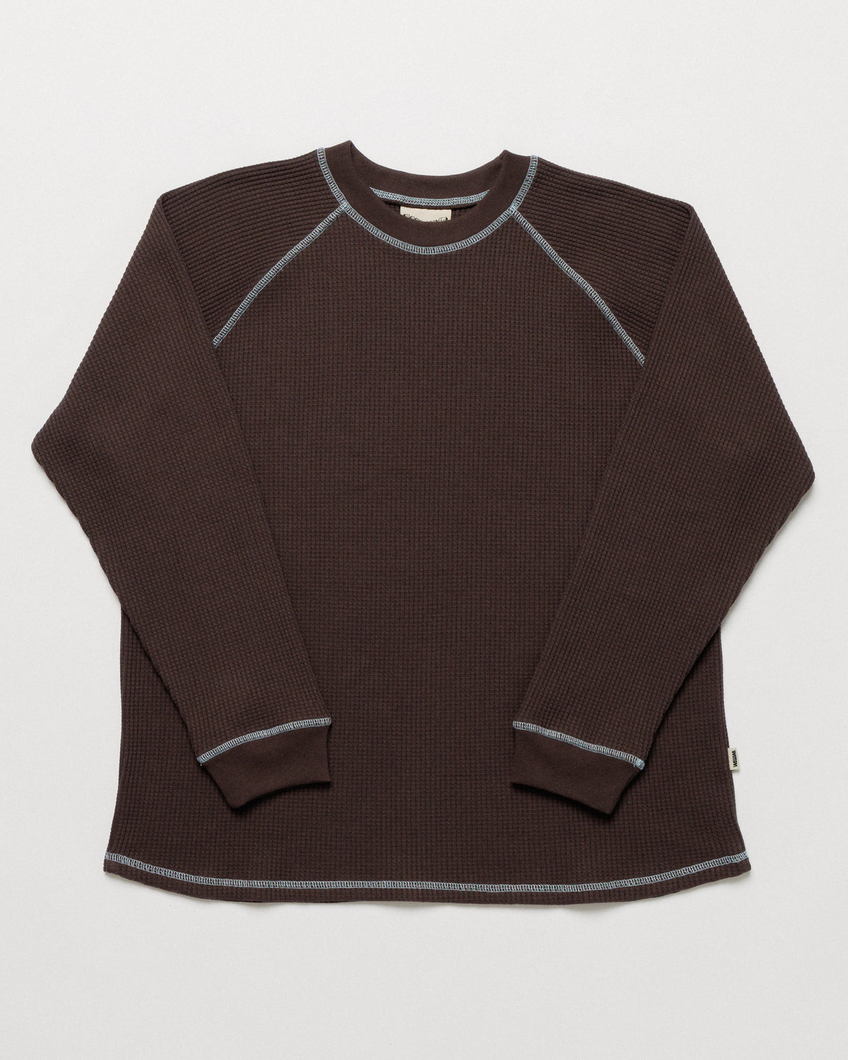 Raglan Range Waffle Knit - Chocolate Brown w Powder Blue Contrast — front flat, silhouette