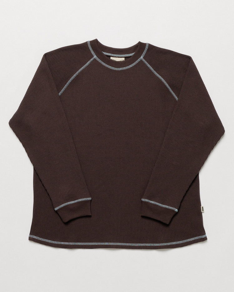 Raglan Range Waffle Knit - Chocolate Brown w Powder Blue Contrast — front flat, silhouette