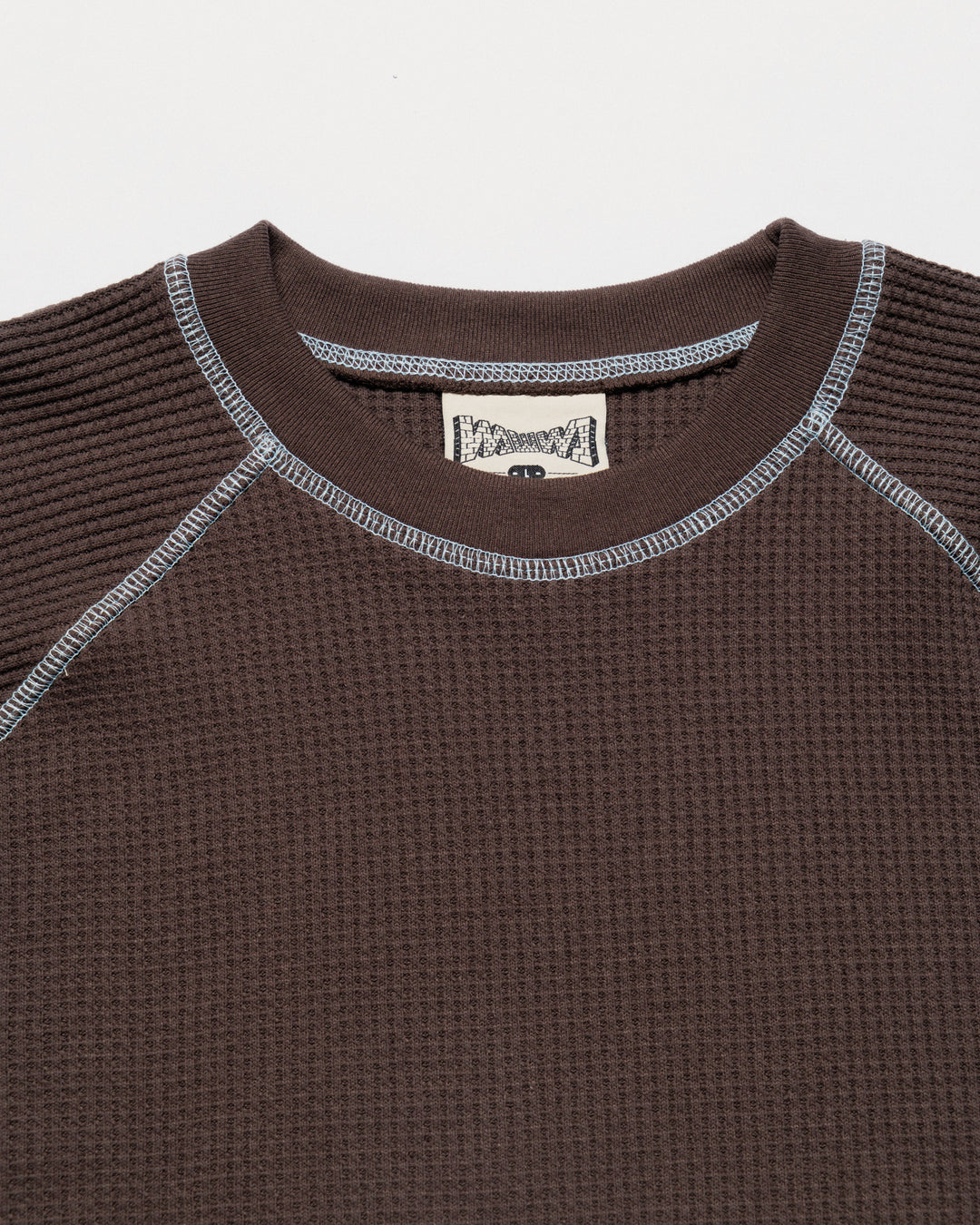 Raglan Range Waffle Knit - Chocolate Brown w Powder Blue Contrast — flat collar, brand label