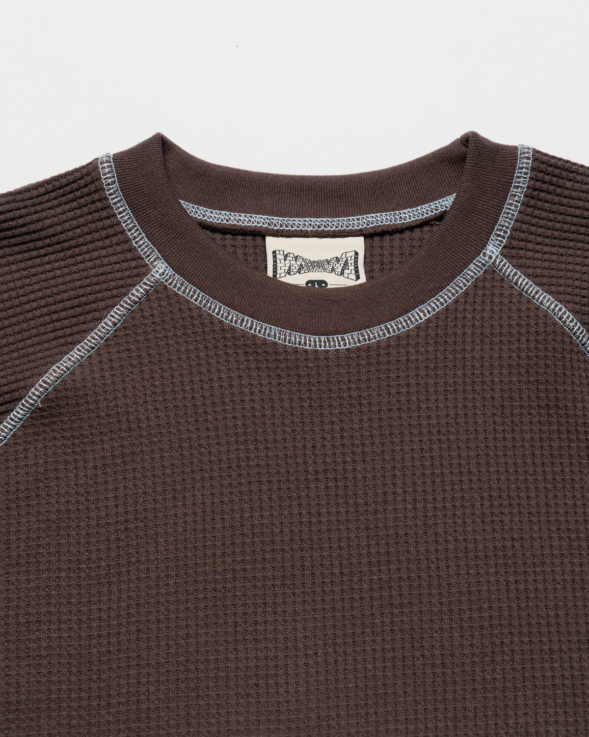 Raglan Range Waffle Knit - Chocolate Brown w Powder Blue Contrast — flat collar, brand label