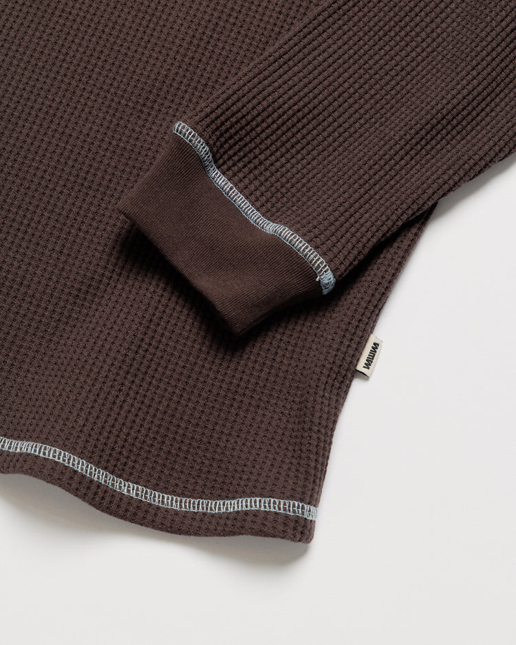 Raglan Range Waffle Knit - Chocolate Brown w Powder Blue Contrast — flat cuff and hem stitch