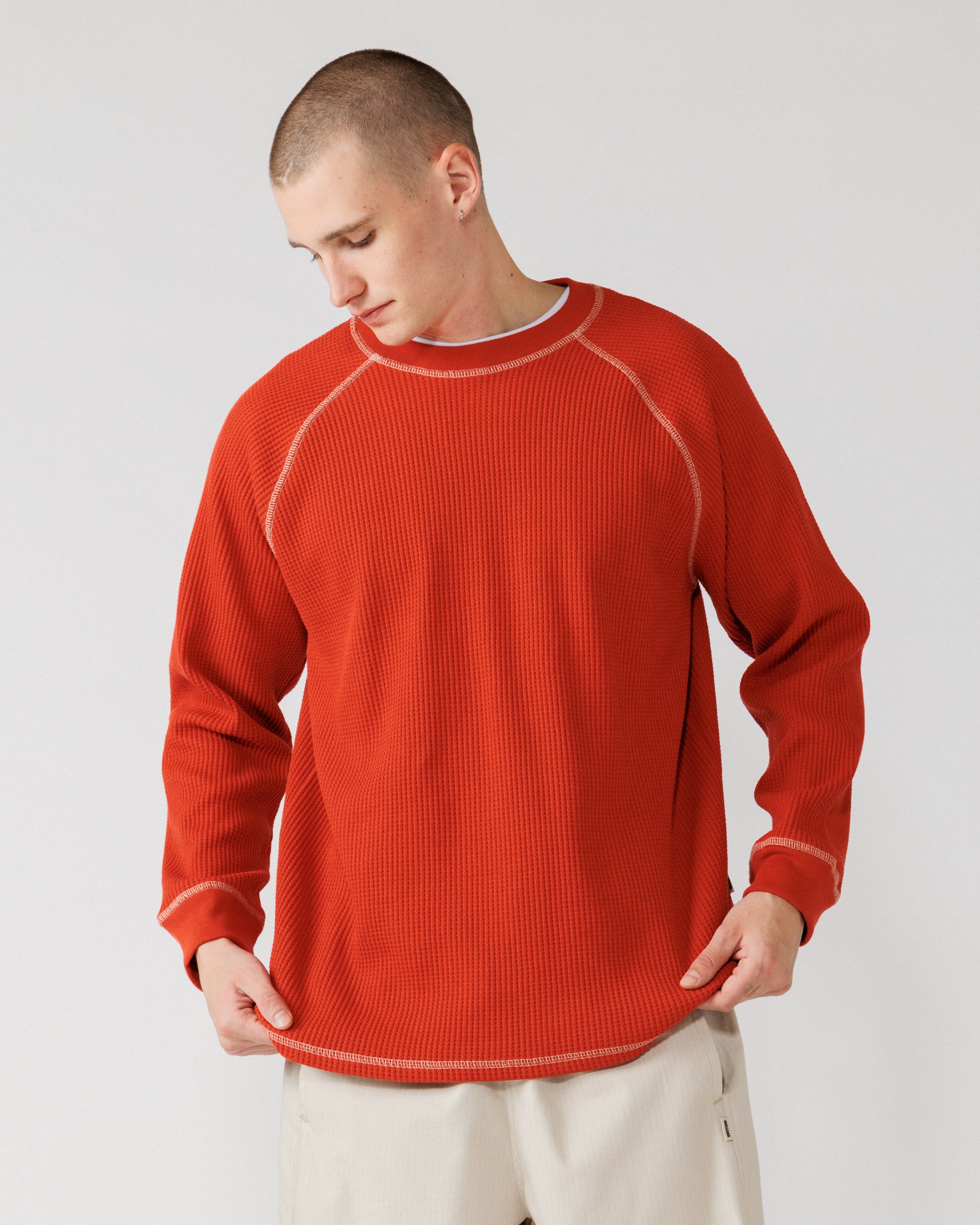 Raglan Range Waffle Knit - Signal Red w Ecru — styling shot, layered tee