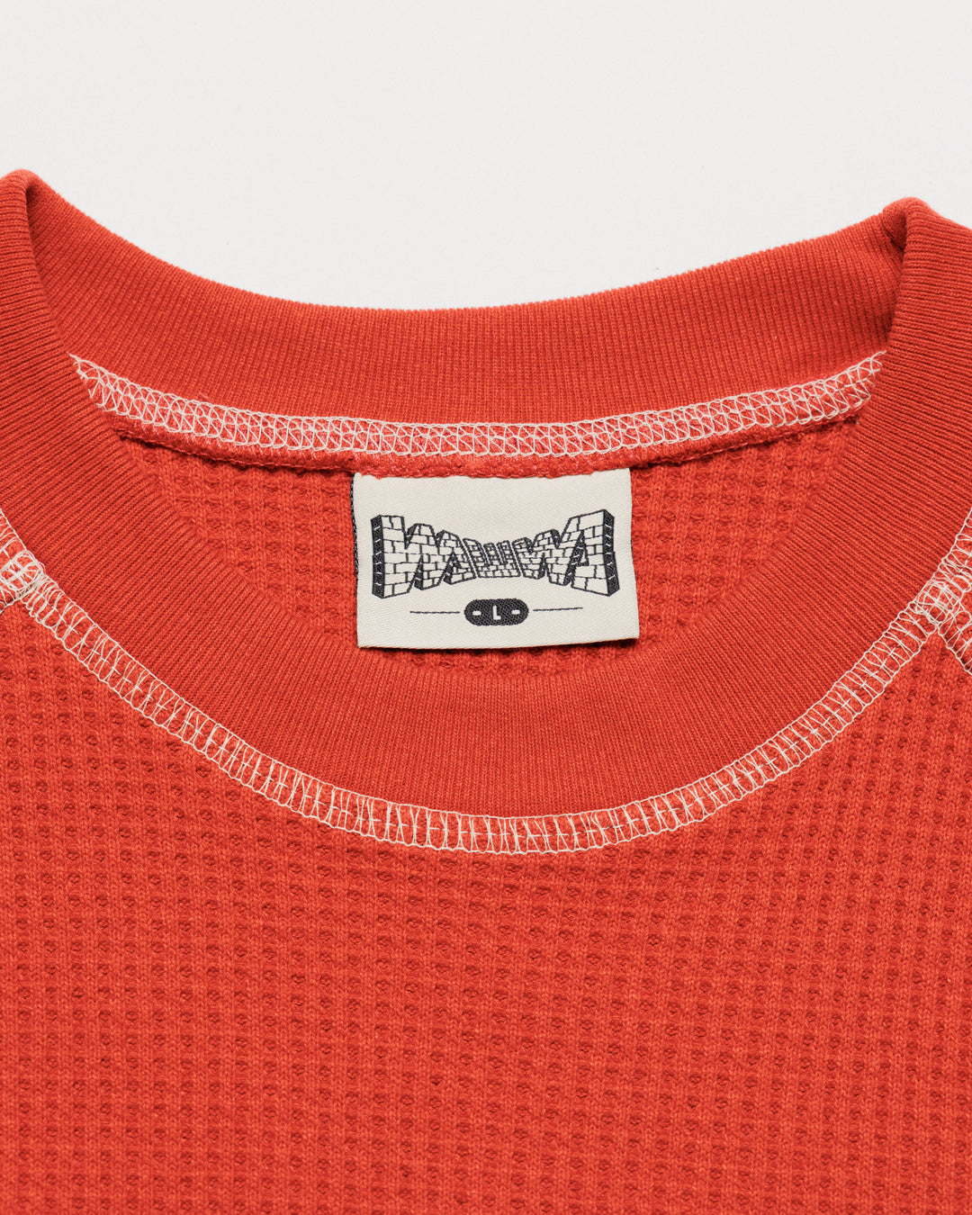 Raglan Range Waffle Knit - Signal Red w Ecru — flat collar, brand label