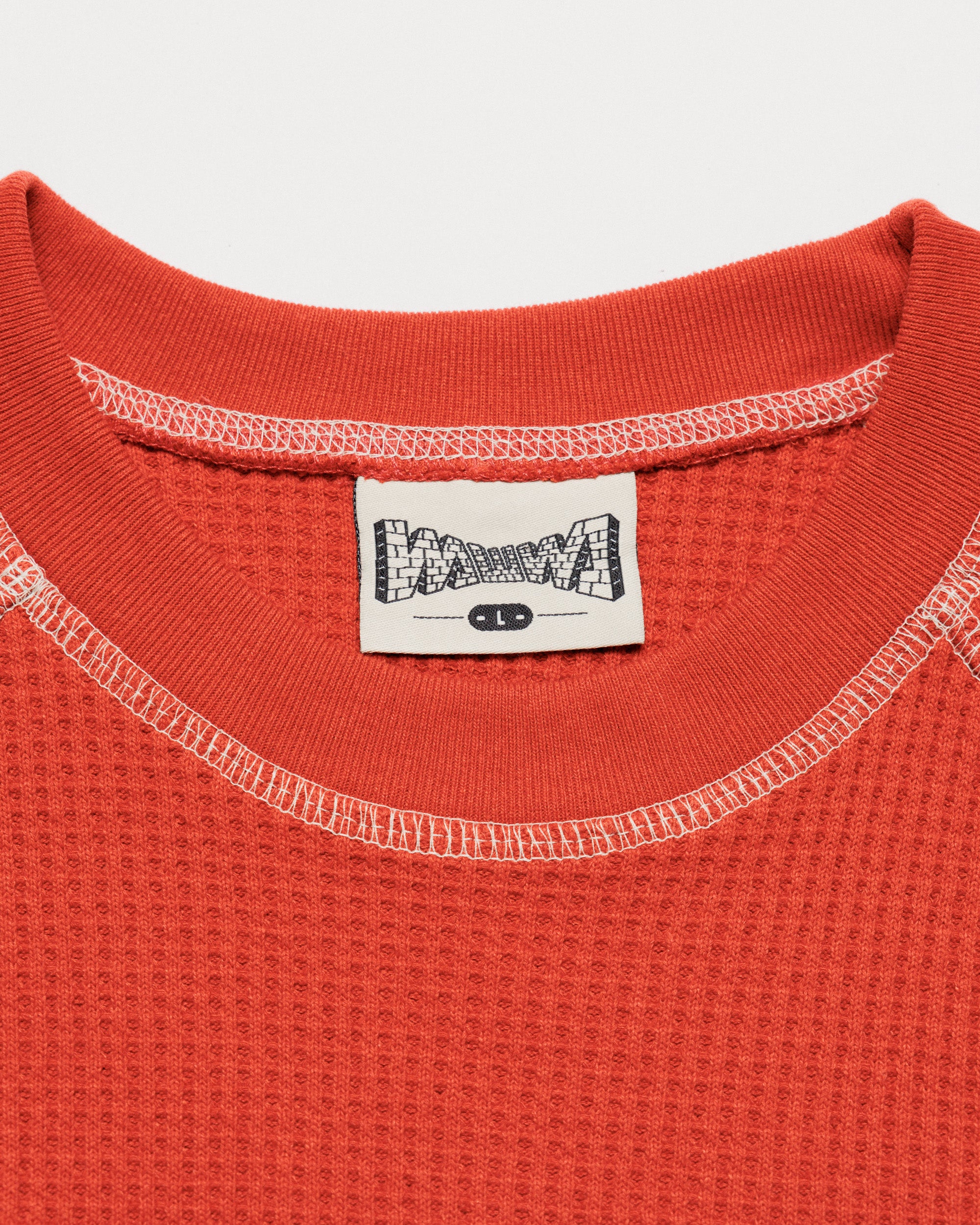 Raglan Range Waffle Knit - Signal Red w Ecru — flat collar, brand label