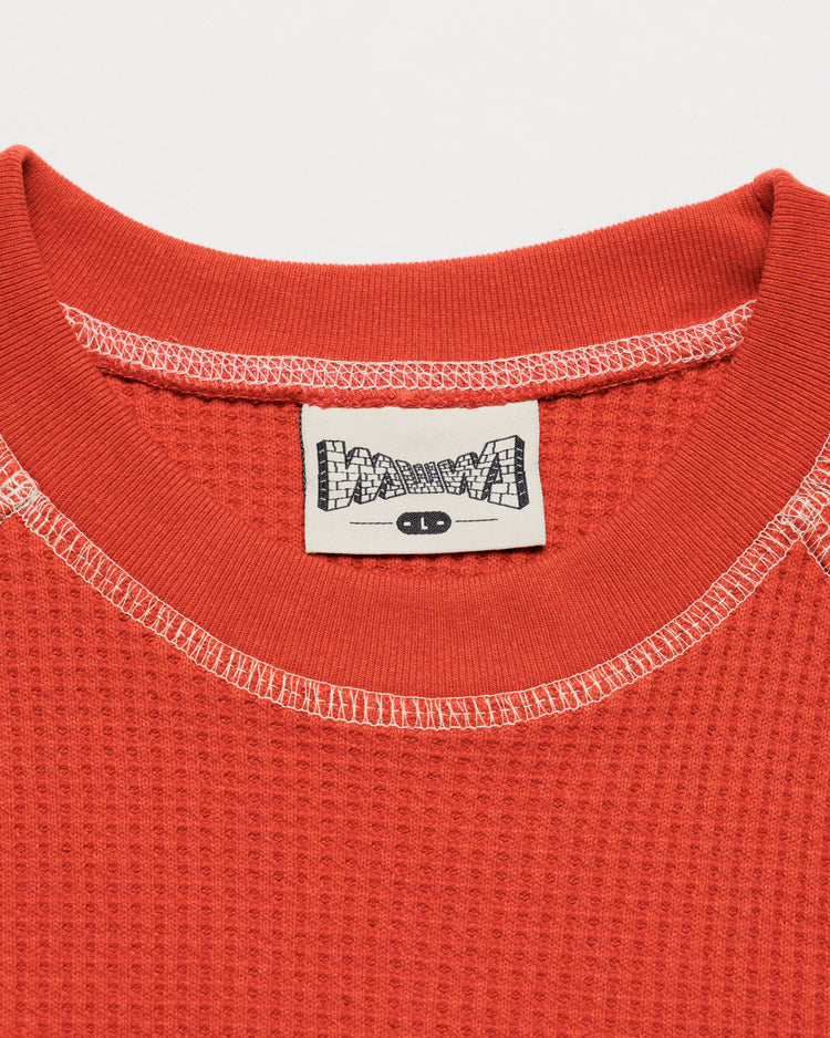 Raglan Range Waffle Knit - Signal Red w Ecru — flat collar, brand label