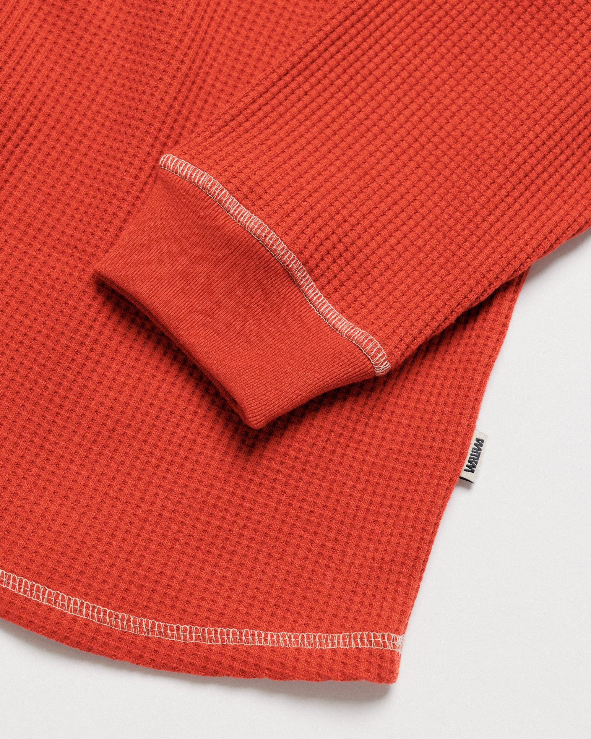 Raglan Range Waffle Knit - Signal Red w Ecru — flat cuff and hem stitch