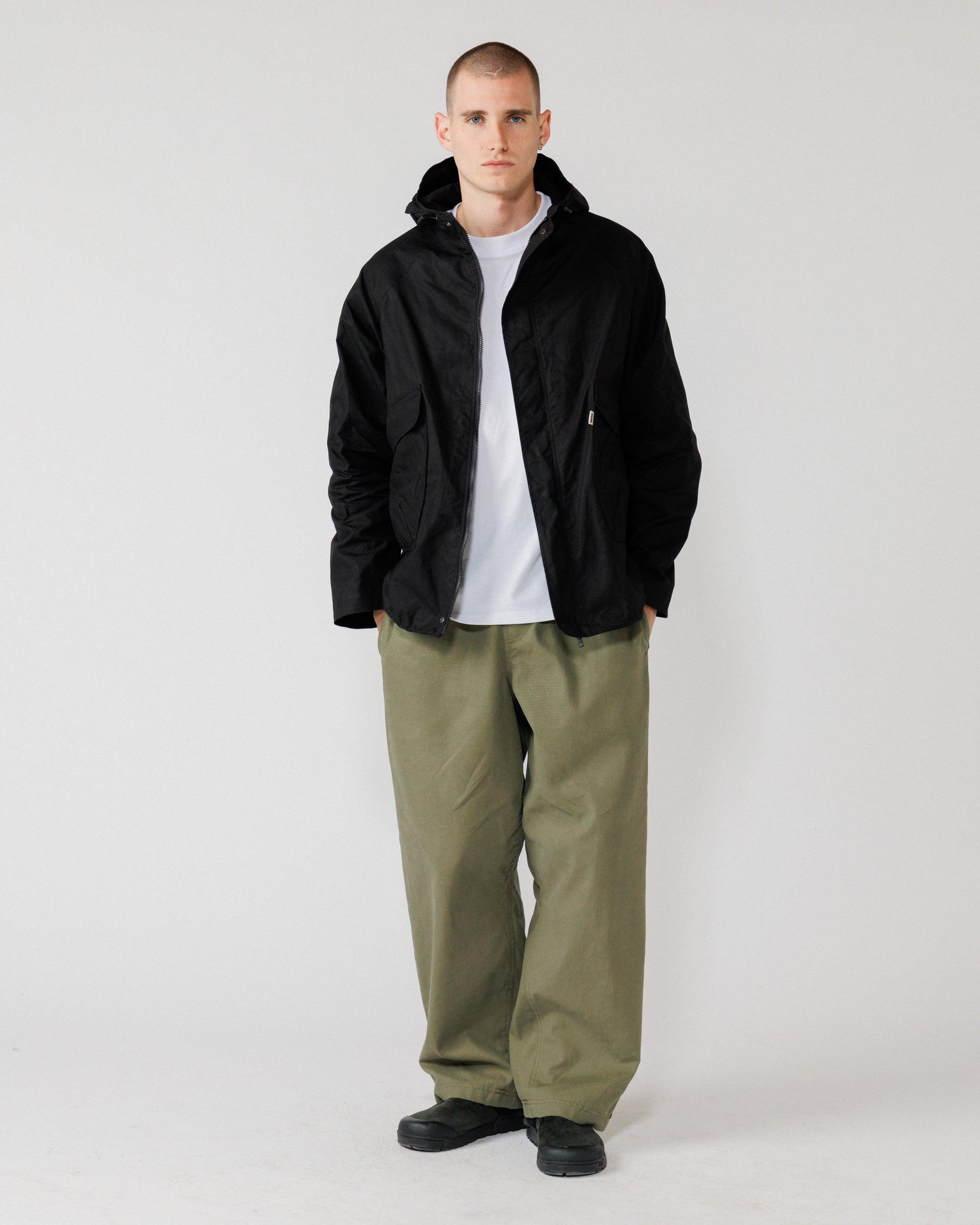 Roam Raglan Jacket - Black — unzipped styled full body