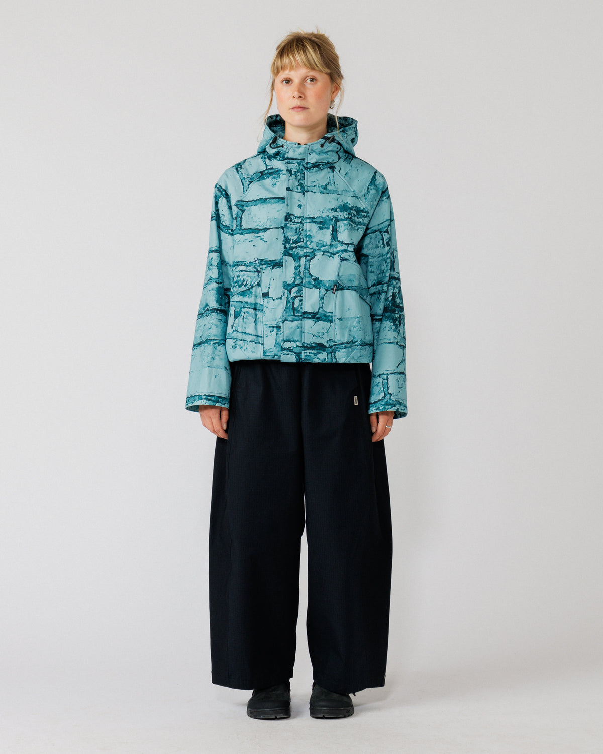 Roam Raglan Jacket - Blue Brick Camo — hero: full-body front, zipped