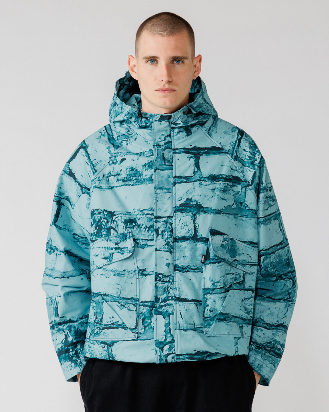 Roam Raglan Jacket - Blue Brick Camo — men's fit front, zipped