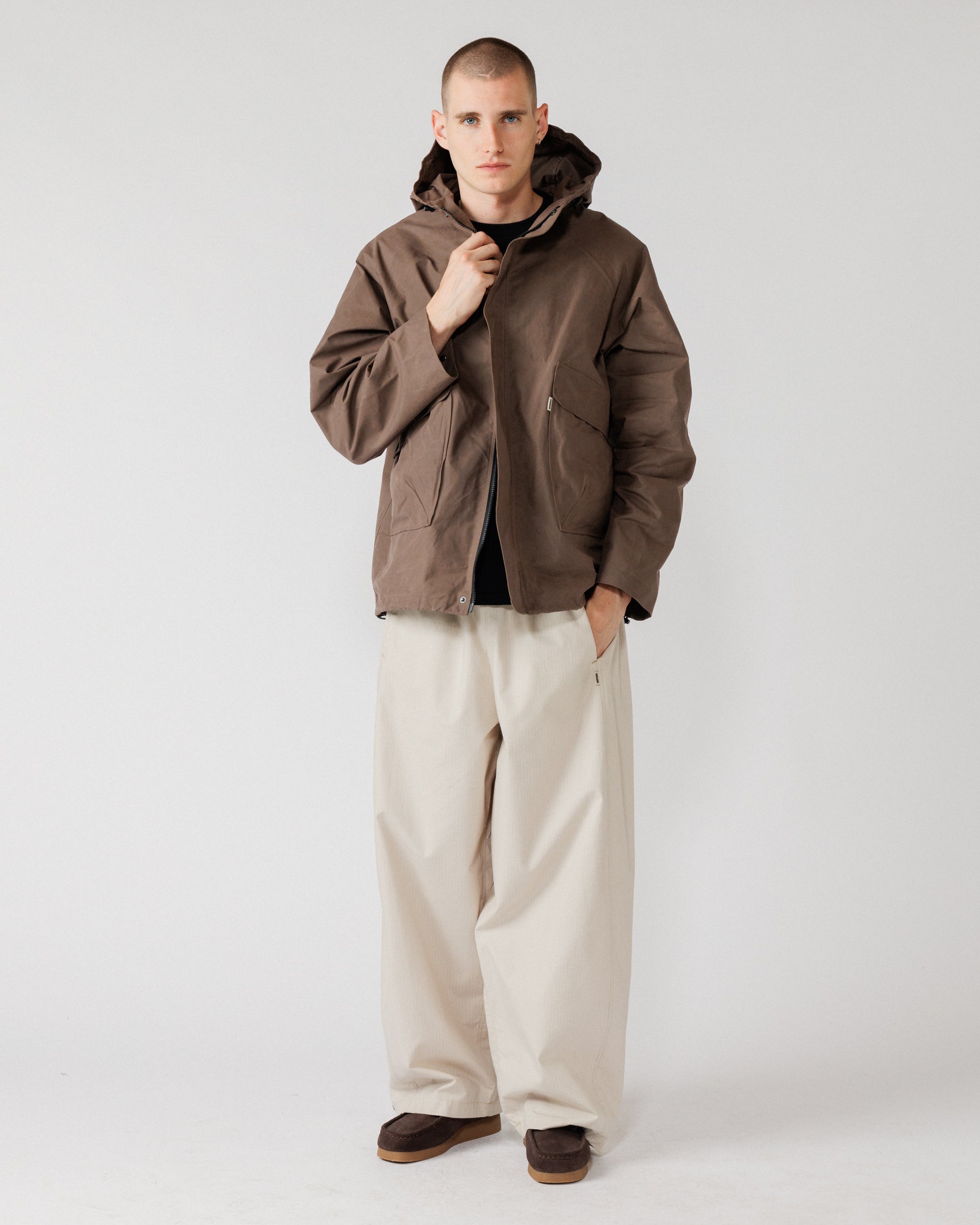 Roam Raglan Jacket - Bracken — unzipped styled full body